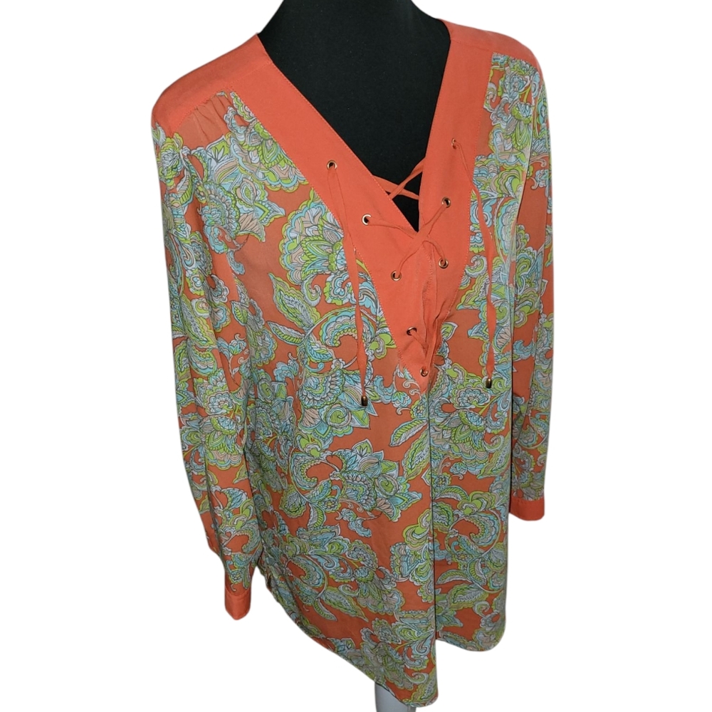 Jones New York floral paisley print lace up long sleeve blouse Size 1X